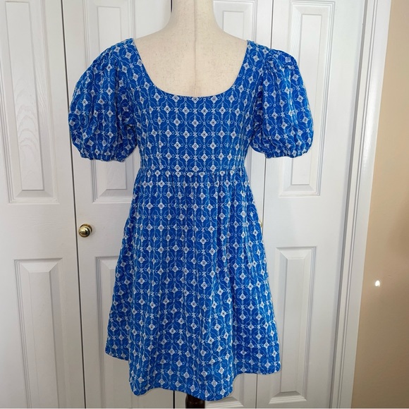 RHODE Dresses & Skirts - Rhode embroidered eyelet mini dress blue and white pockets size M
